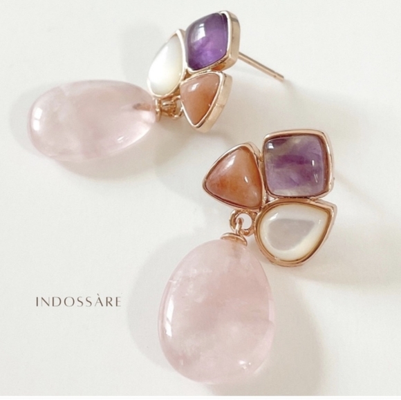 Rose Quartz Teardrop Amethyst Dangle Statement Earrings - Picture 2 of 8